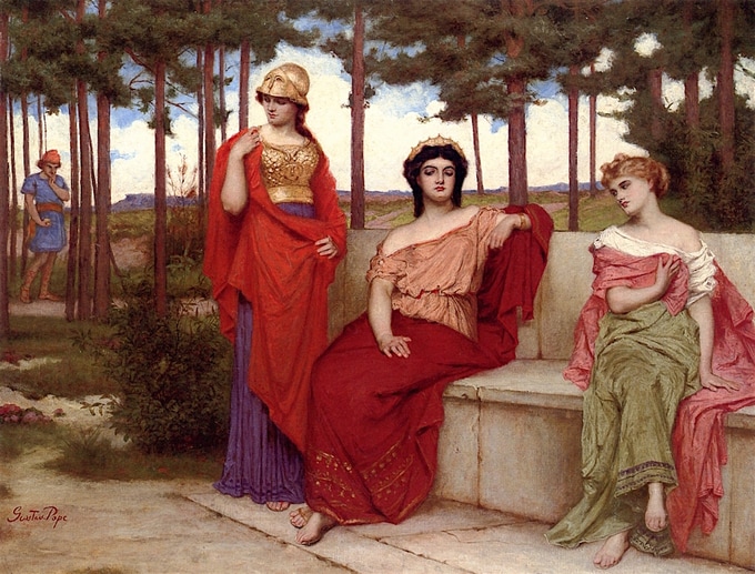 Gustav Pope painting of Paris judging Hera, Athena, and Aphrodite