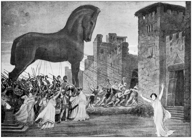 Antique illustration of the Trojan Horse outside the walls of Troy