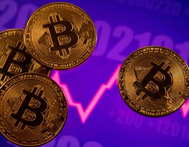 A representation of Bitcoin in front of a financial chart