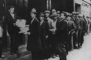 A long breadline in New York City during the Great Depression in 1932.