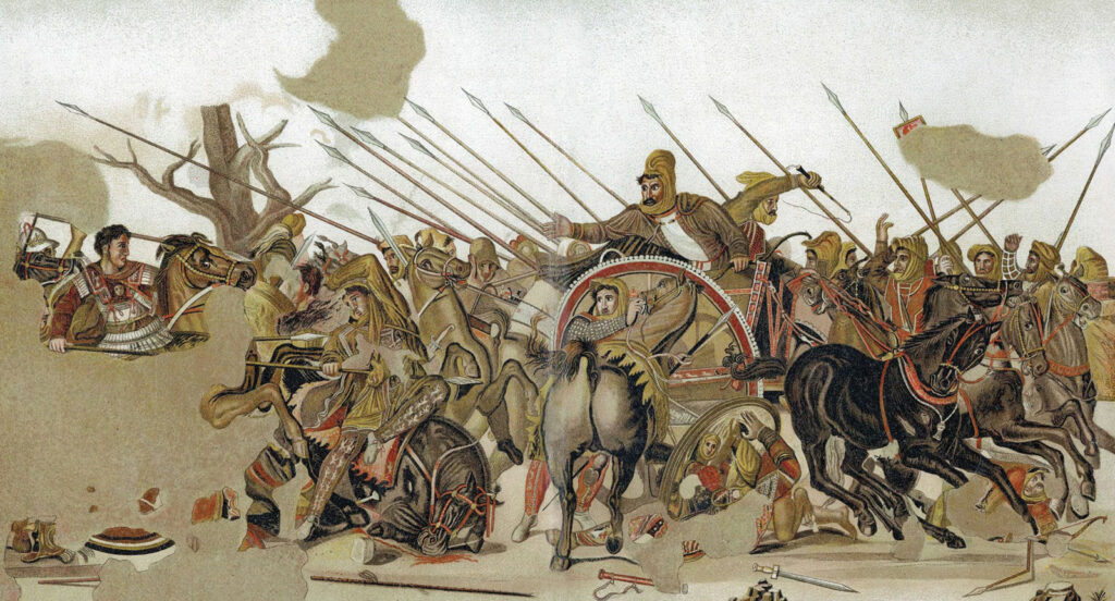 Illustration of Alexander the Great's army fighting Persian forces at the Battle of Issus