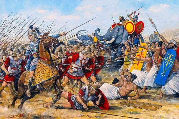 Illustration of Alexander the Great's army fighting King Porus at the Battle of the Hydaspes