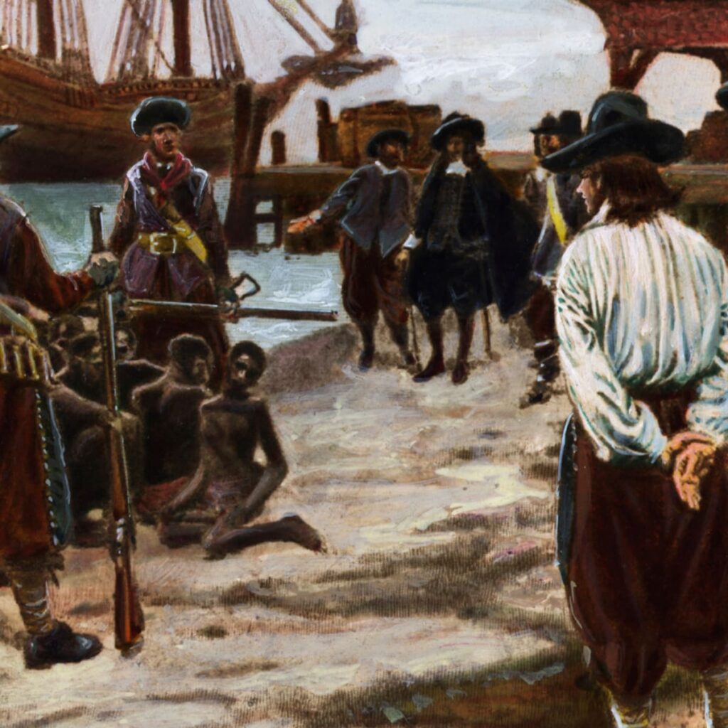 Historical illustration connected to the arrival of enslaved Africans in colonial America