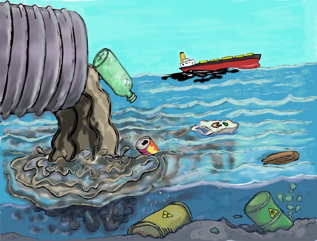 Plastic waste and dirty water showing water pollution in a river