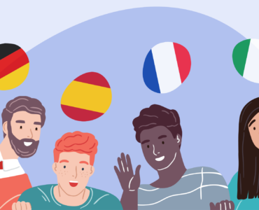 Illustration of people practicing a foreign language conversation with speech bubbles