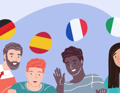 Illustration of people practicing a foreign language conversation with speech bubbles