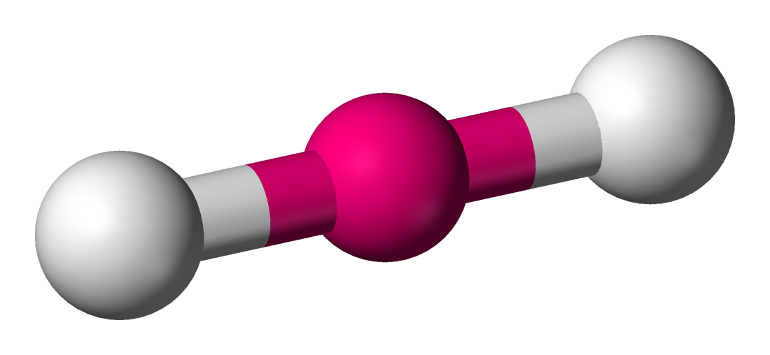 Diagram of a linear molecule with two bonding regions arranged 180 degrees apart
