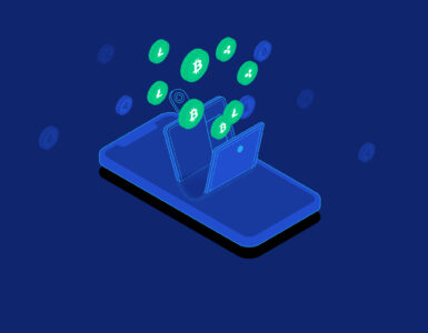 A digital cryptocurrency illustration representing blockchain-based money and stablecoin payments