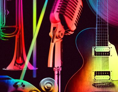 Sheet music and instruments arranged for learning music theory and expression