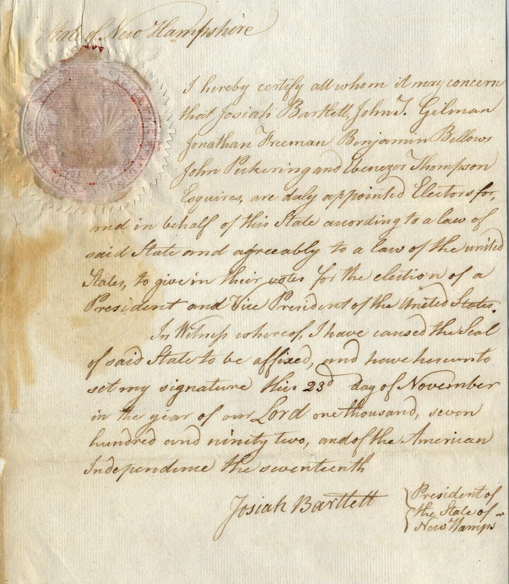 A 1792 New Hampshire certificate appointing presidential electors