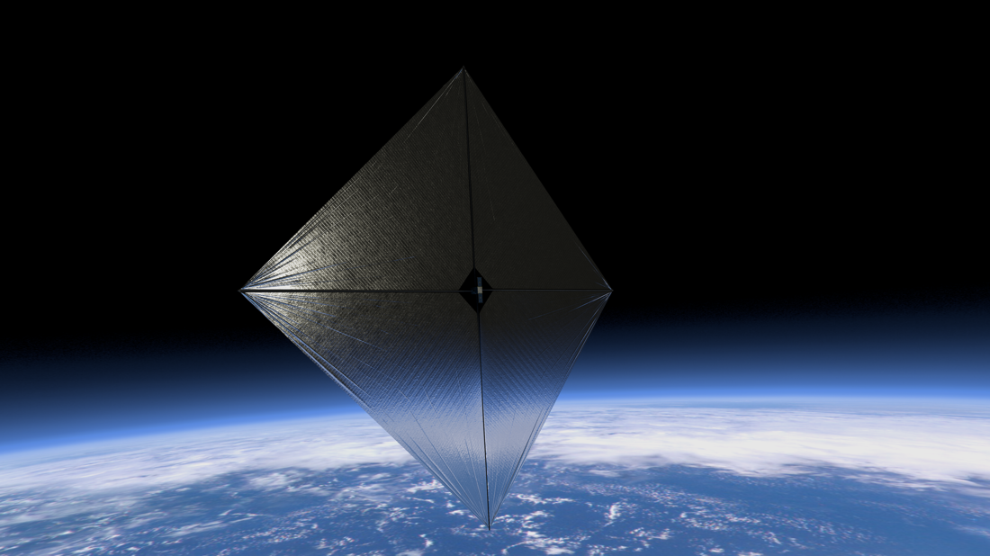 Illustration of a square solar sail fully unfurled with booms stretching across the diagonals.