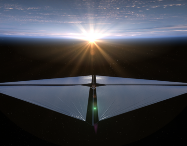 Artist concept of NASA's Advanced Composite Solar Sail System spacecraft using a reflective sail above Earth.