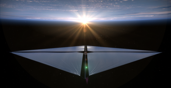 Artist concept of NASA's Advanced Composite Solar Sail System spacecraft using a reflective sail above Earth.