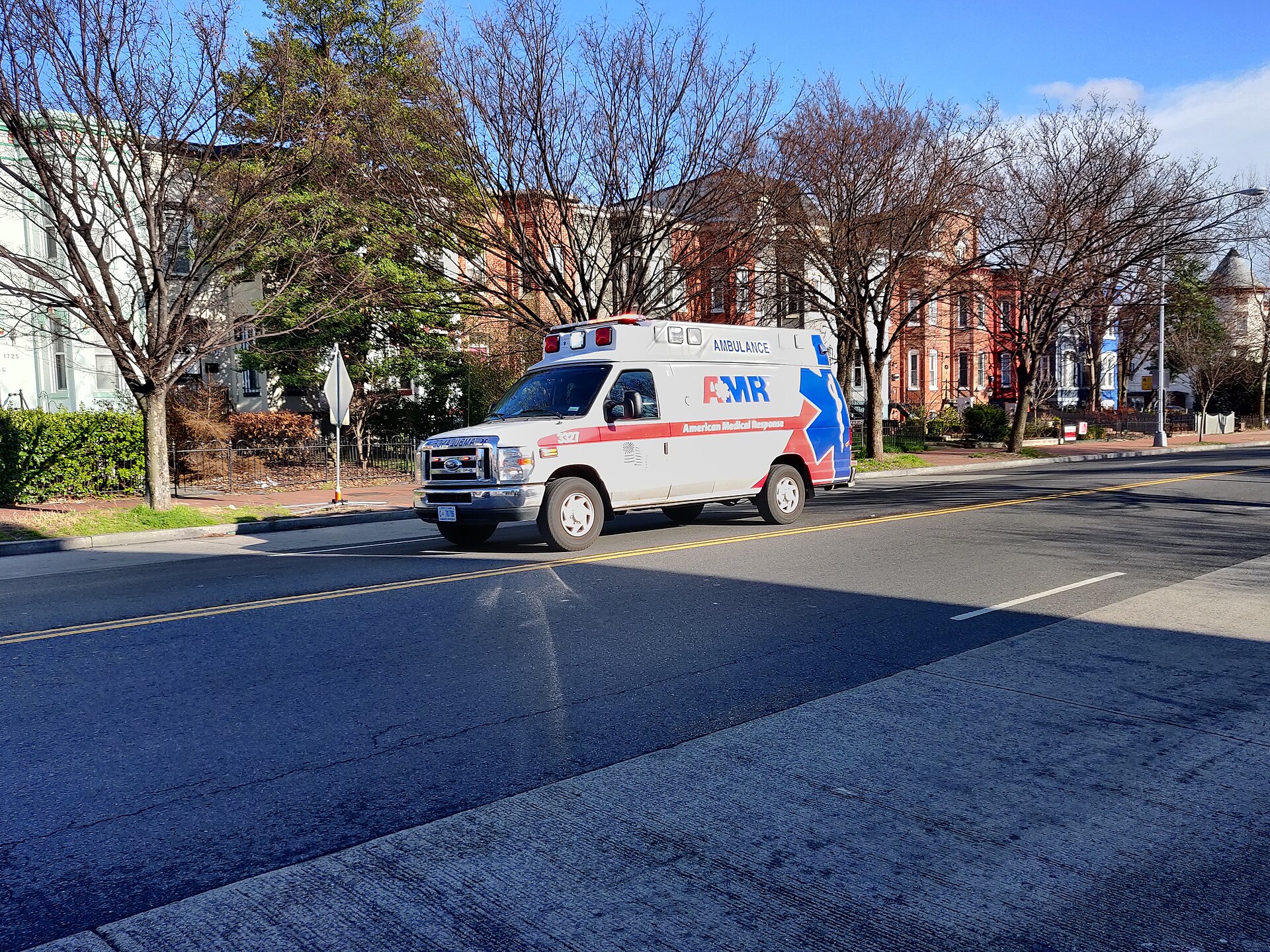 An ambulance on a city street during an emergency response