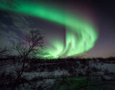 Green aurora borealis curtains glowing over a snowy night landscape in Norway