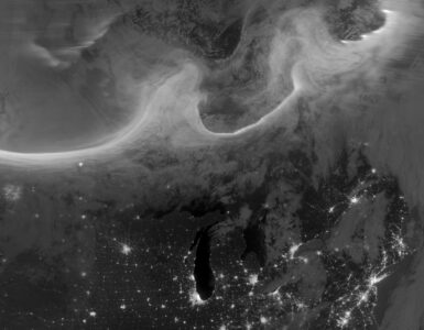 Satellite view of auroral light over North America during active space weather