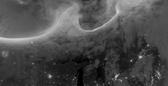 Satellite view of auroral light over North America during active space weather