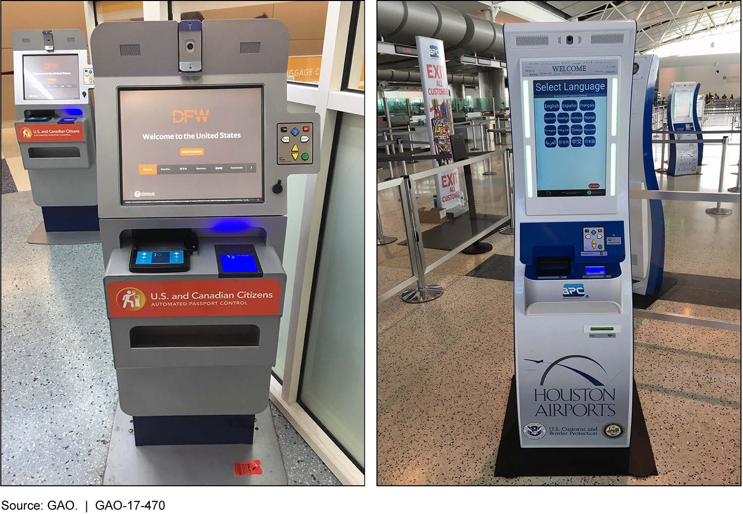 Automated passport control kiosks used by travelers at major U.S. airports