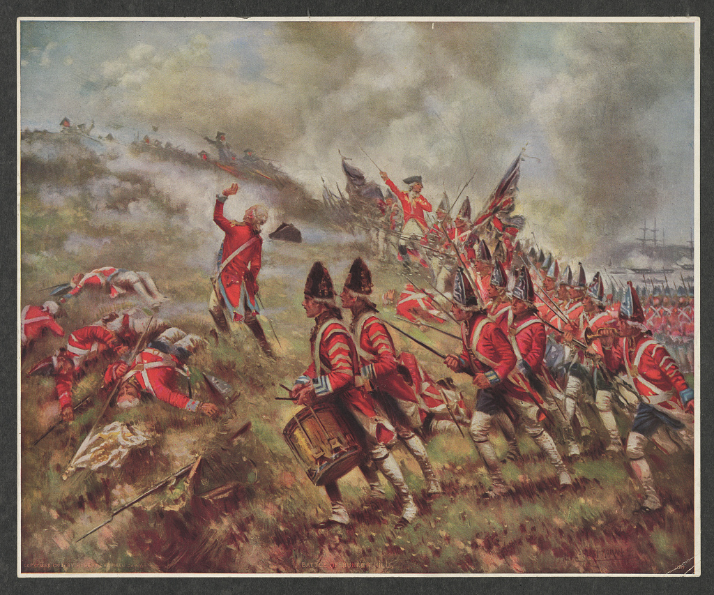 Historical print showing British troops advancing during the Battle of Bunker Hill.