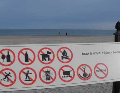 Beach warning signs posted near the shore