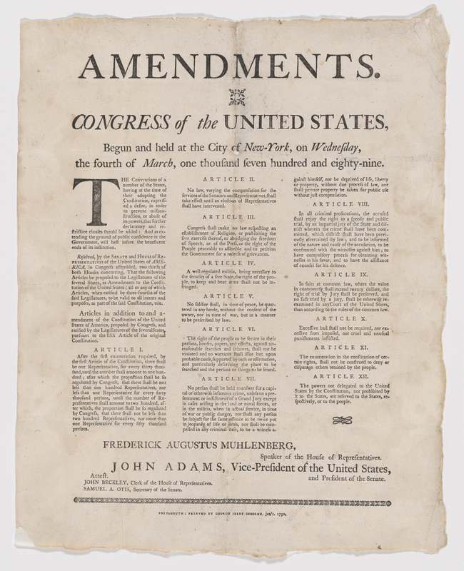 1790 broadside copy of the proposed Bill of Rights amendments
