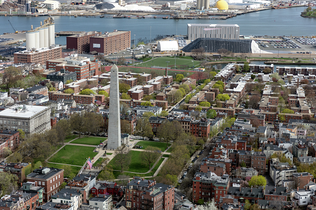 Aerial view of the Bunker Hill Monument in Boston, where revolutionary-era communication networks helped organize resistance.