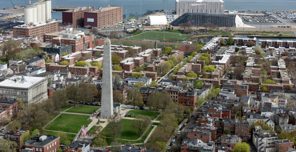 Aerial view of the Bunker Hill Monument in Charlestown, Boston, near the site of the June 1775 battle.