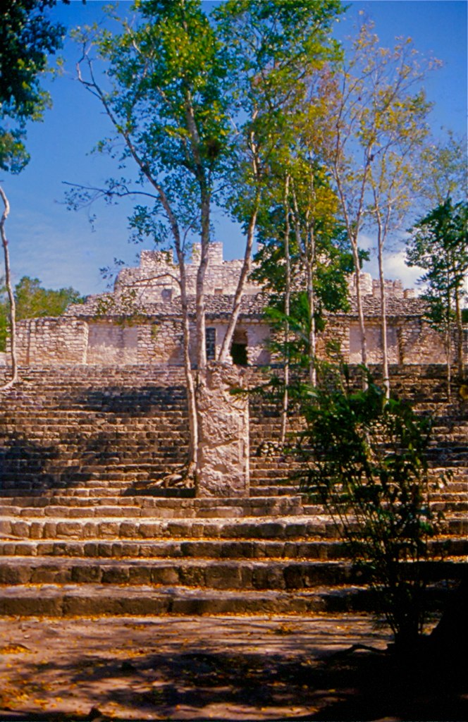 Stone structure and carved stela at the Maya ruins of Calakmul in Campeche