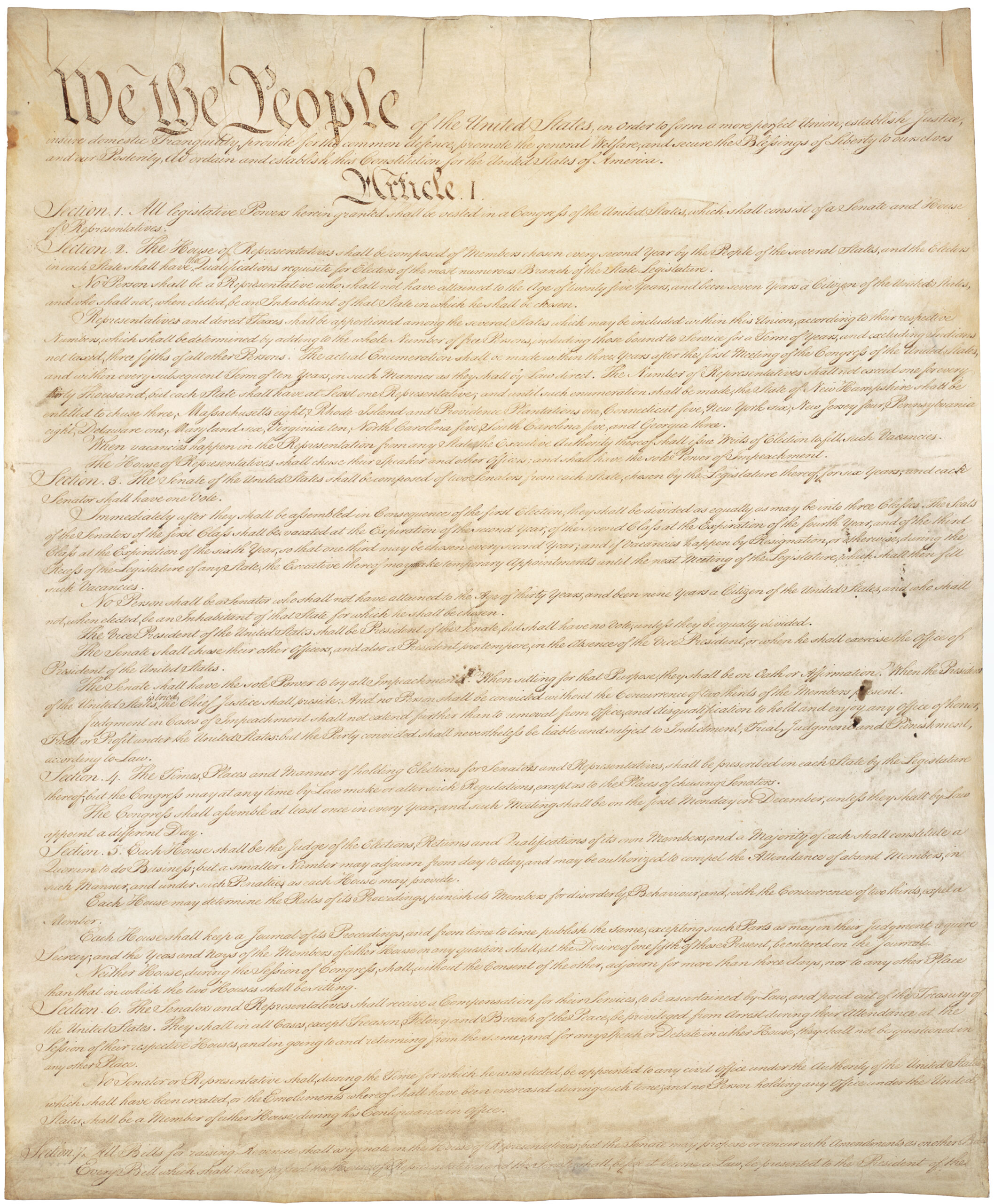 The first page of the United States Constitution from the National Archives.