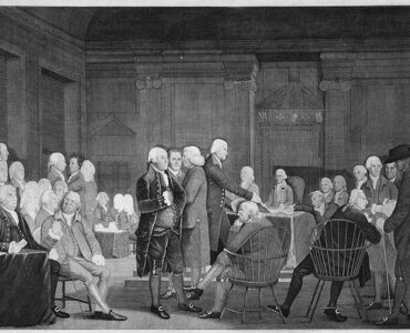 Engraving of Continental Congress delegates presenting and voting on the Declaration of Independence