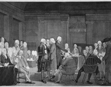 Engraving of Continental Congress delegates presenting and voting on the Declaration of Independence