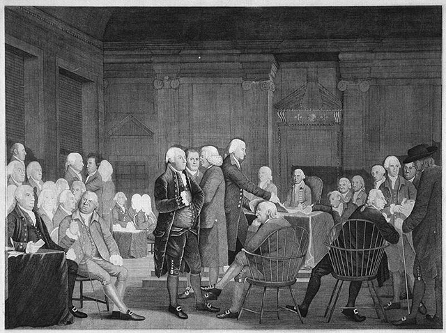 Engraving of Continental Congress delegates presenting and voting on the Declaration of Independence