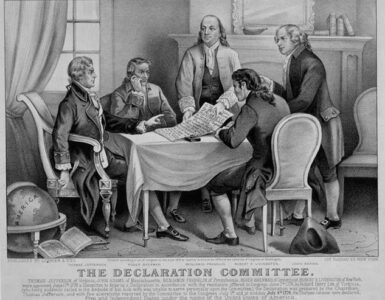 Currier and Ives print showing Jefferson, Adams, Franklin, Sherman, and Livingston gathered around a table as the Declaration Committee.