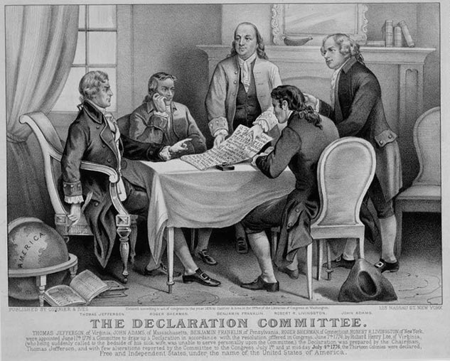 Currier and Ives print showing the Committee of Five working on the Declaration of Independence