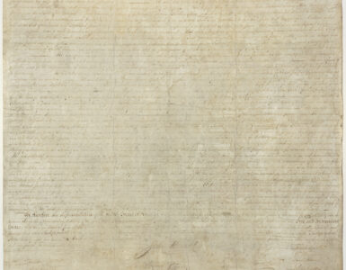 The faded parchment copy of the Declaration of Independence preserved by the National Archives