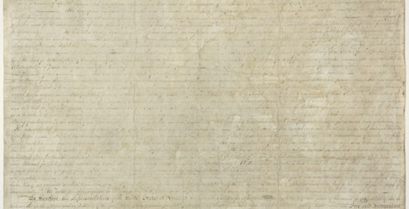 The faded parchment copy of the Declaration of Independence preserved by the National Archives.