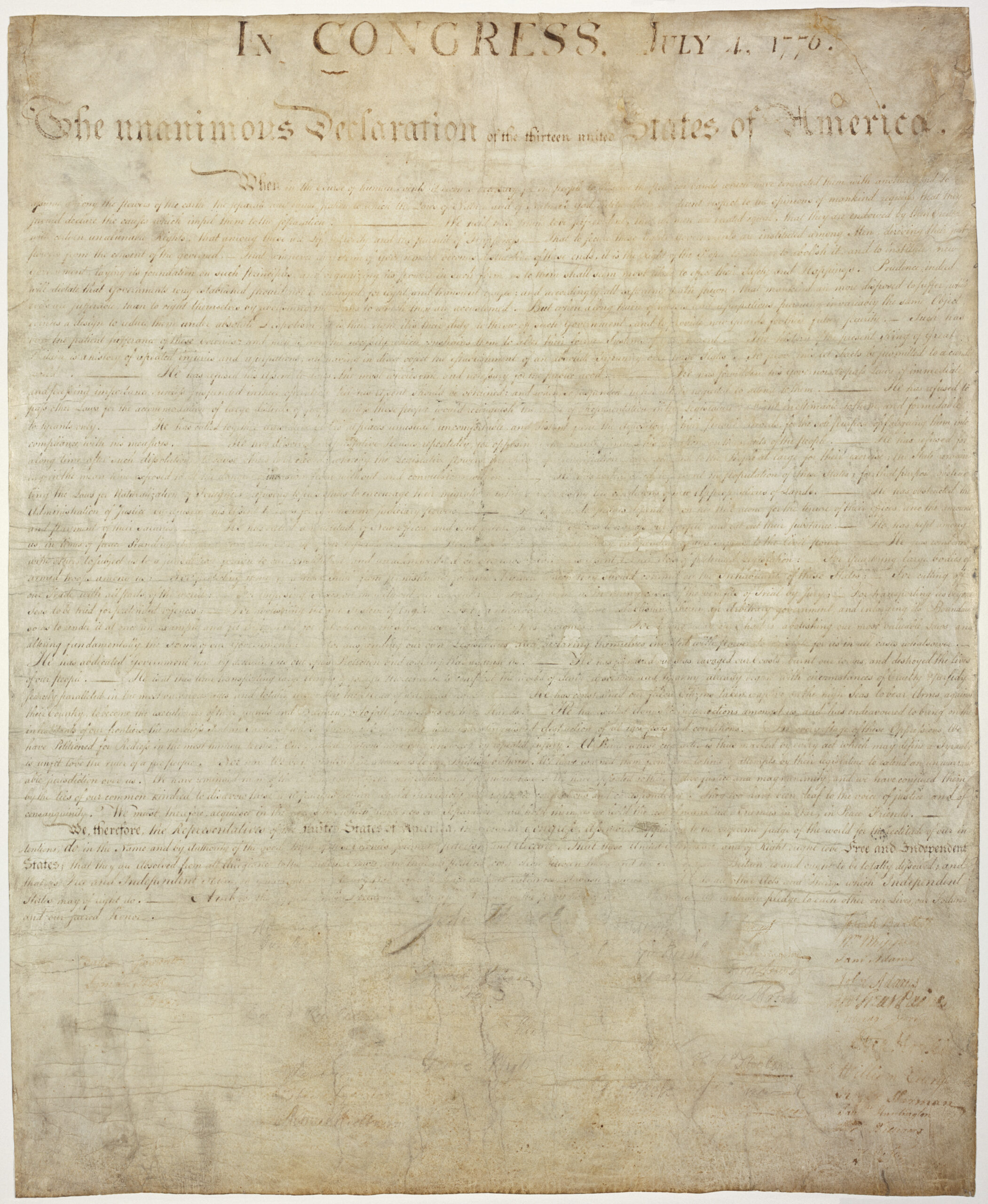 The faded parchment copy of the Declaration of Independence preserved by the National Archives