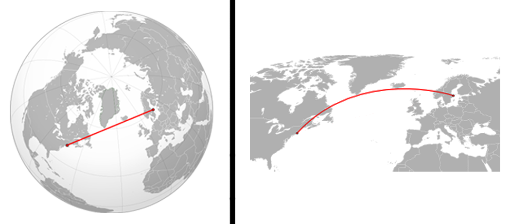 Two map projections showing how the same route can look different on different maps.