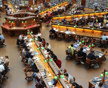 Students studying together at a library table