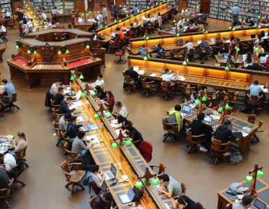 Students studying together at a library table