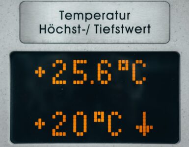 A digital thermometer display used to track hot weather