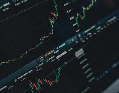 Financial graph lines on a screen showing changing expectations in a market.
