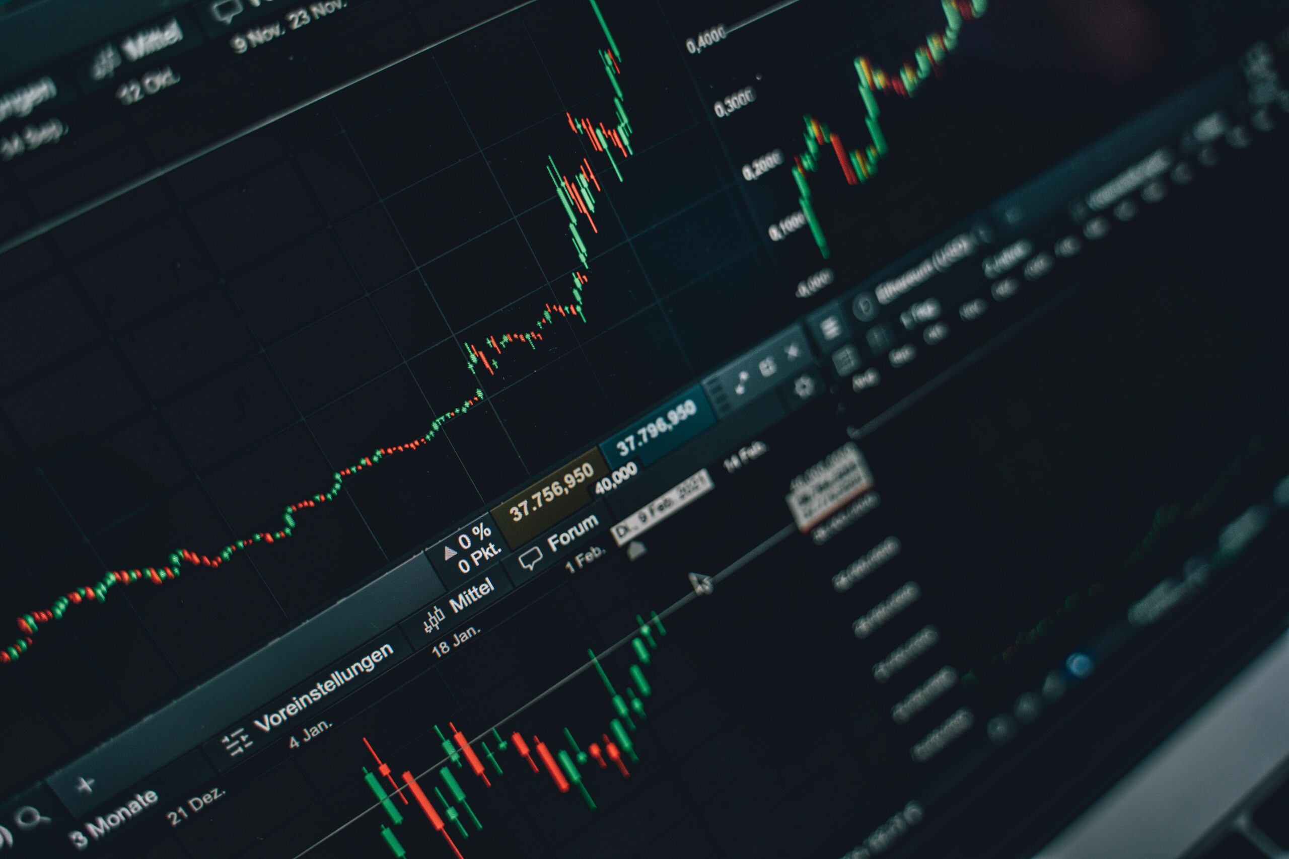 Financial graph lines on a screen showing changing expectations in a market