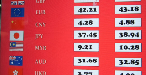 Exchange rate board showing buying and selling rates for several currencies