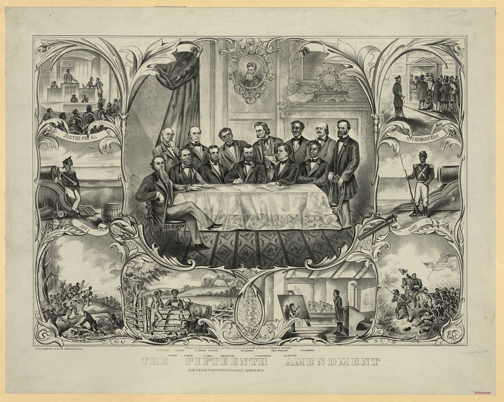 A Reconstruction-era lithograph celebrating the Fifteenth Amendment and Black political participation.