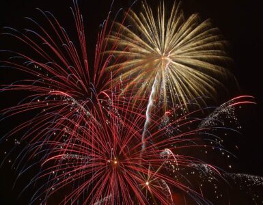 Red, gold, and white fireworks bursting against a dark night sky