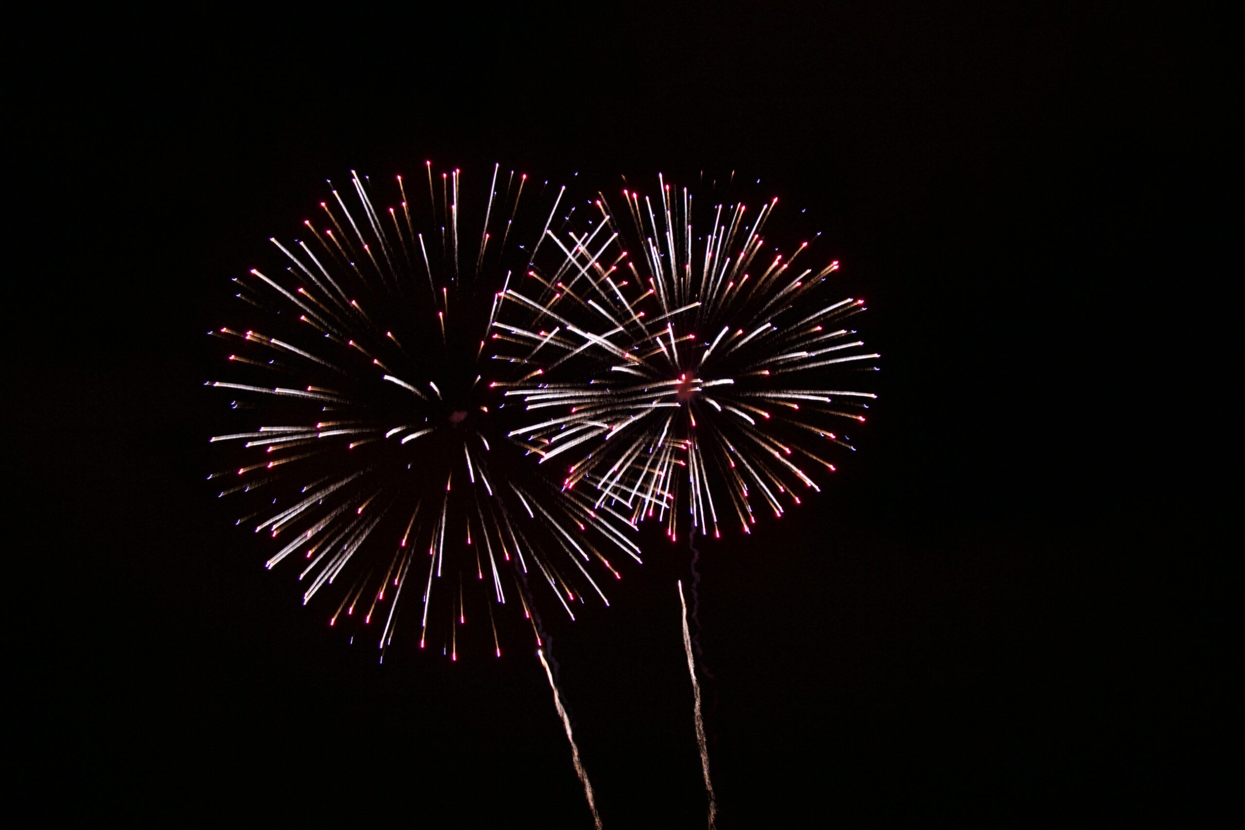 Two fireworks bursts spreading red and white trails across a dark sky
