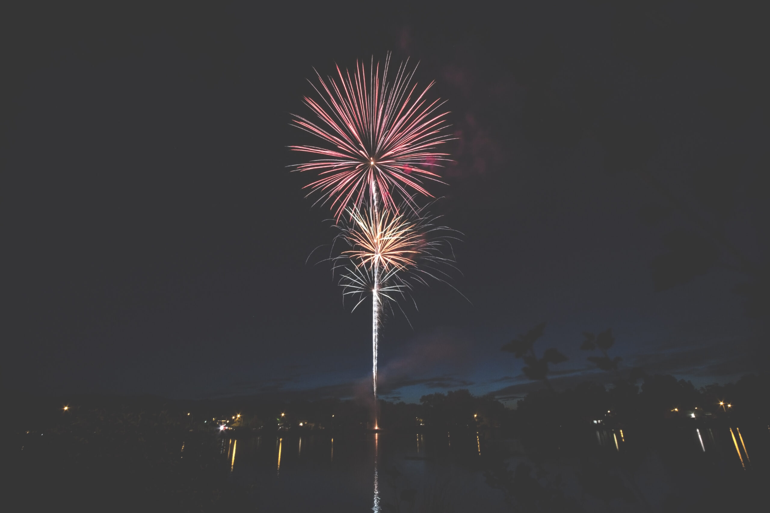 Pink and white fireworks reflecting over water at night