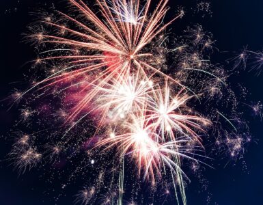 Bright fireworks bursting across a dark night sky