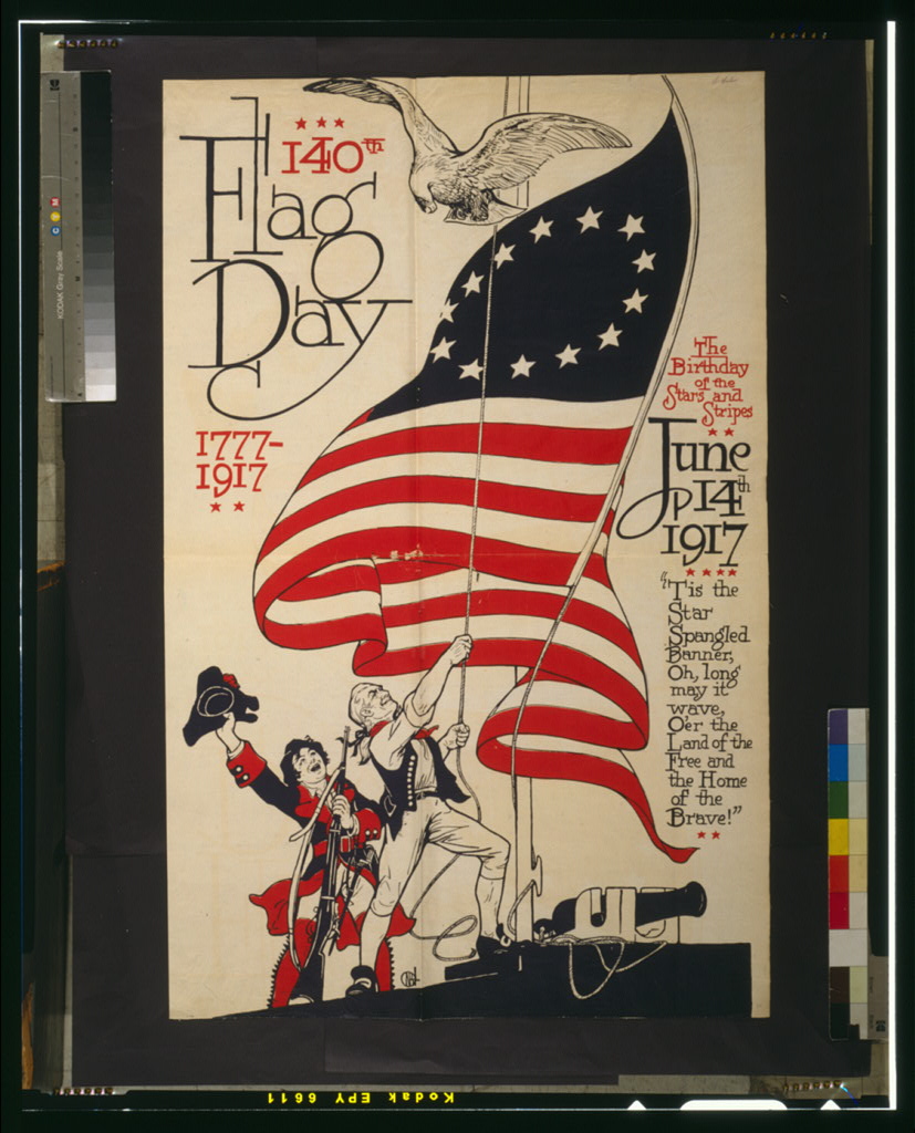 A 1917 Flag Day poster showing people raising the American flag